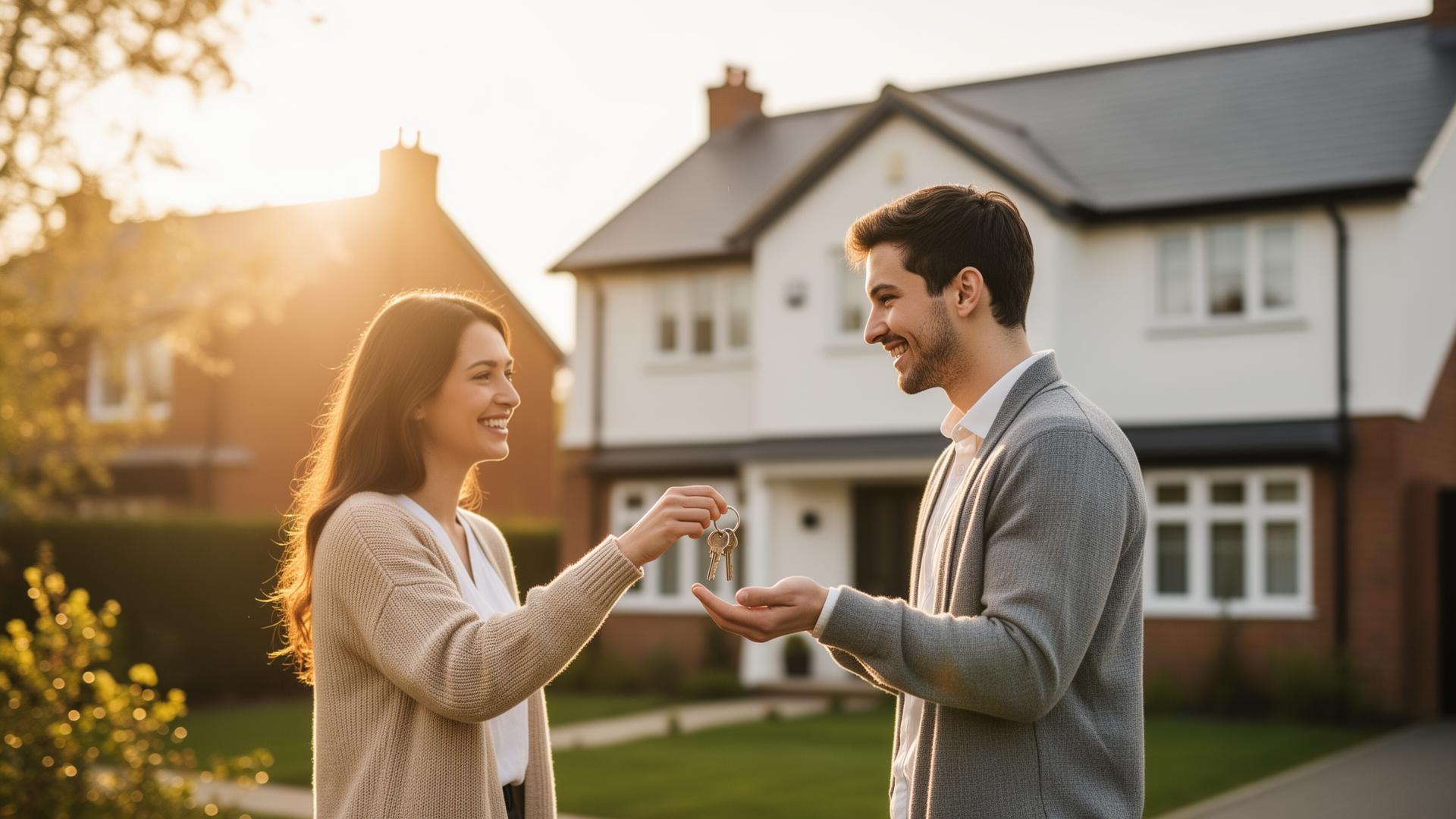 Mortgage broker helping couple with house keys in Bournemouth, Poole, Dorset